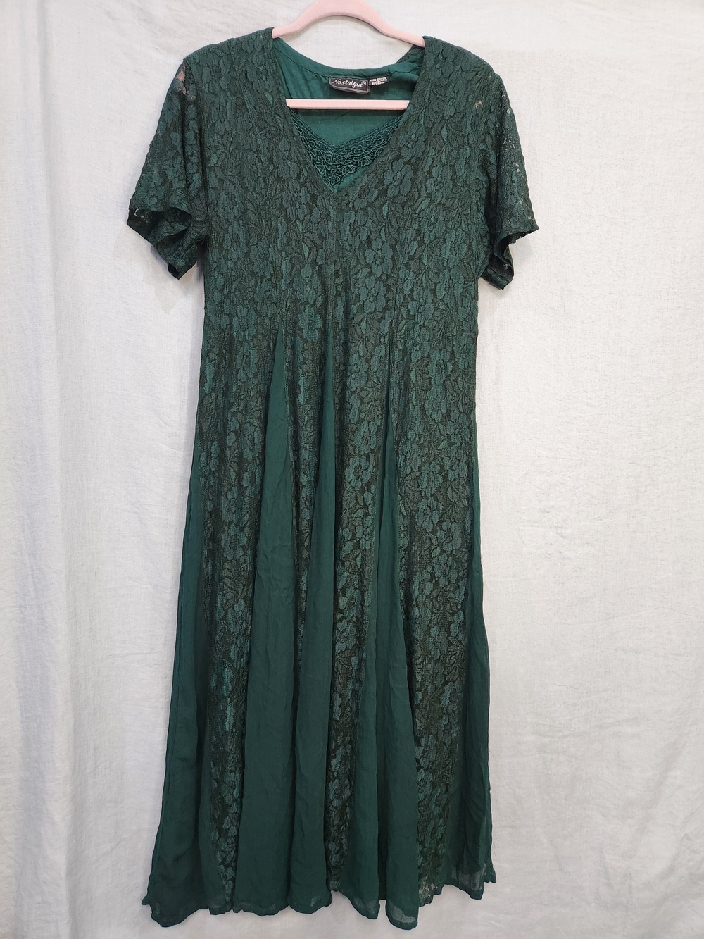 90s Vtg Nostalgia Emerald Floral Lace Fairy Cottage Dress Size S/M